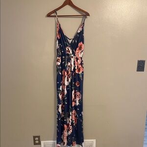 Navy Floral V-Neck Maxi Dress with Pink Rose Pattern